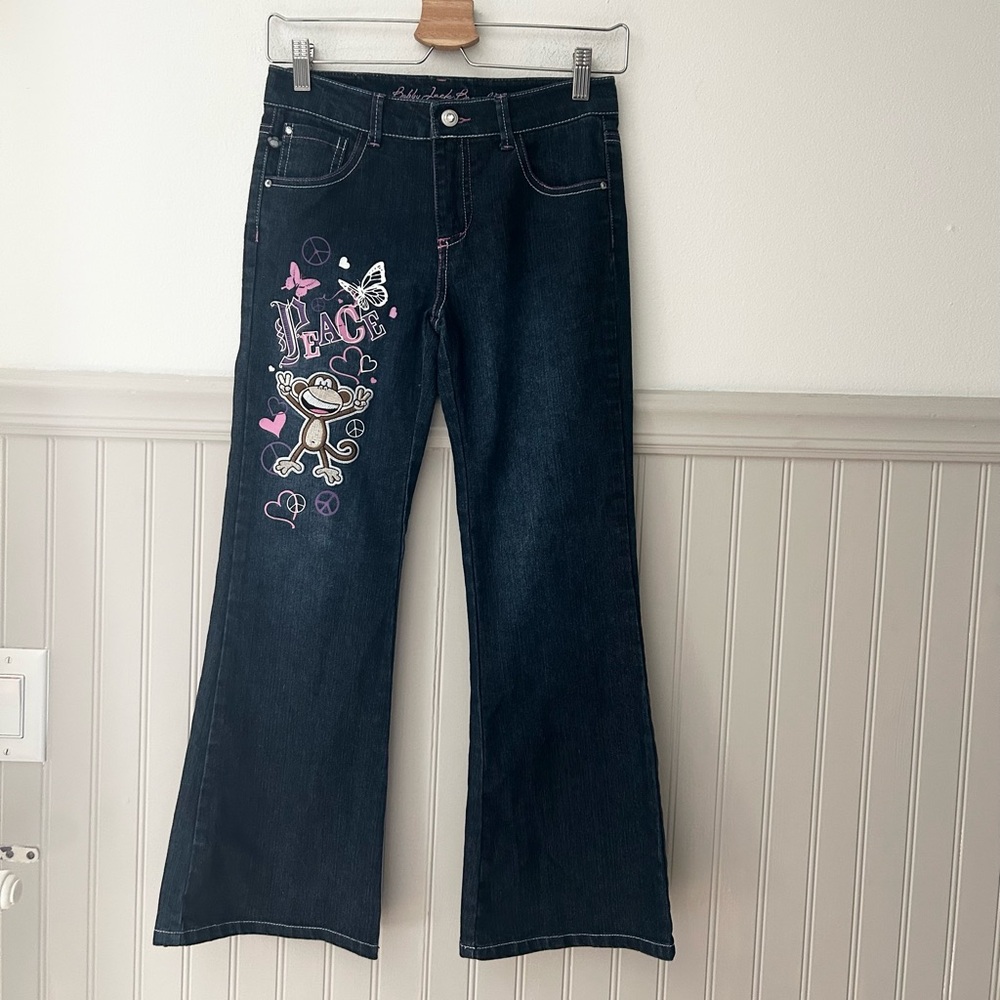 Y2K Bobby Jack Girls 12 Dark Wash Flare Jeans Peace Monkey Pink